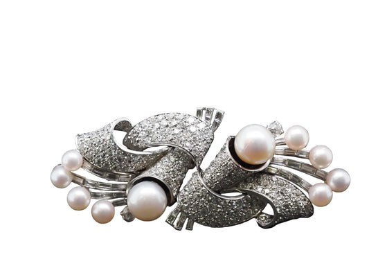 Platinum Art Deco 6.50ct Pearl and Old European Diamond Double Clip Brooch - VHK