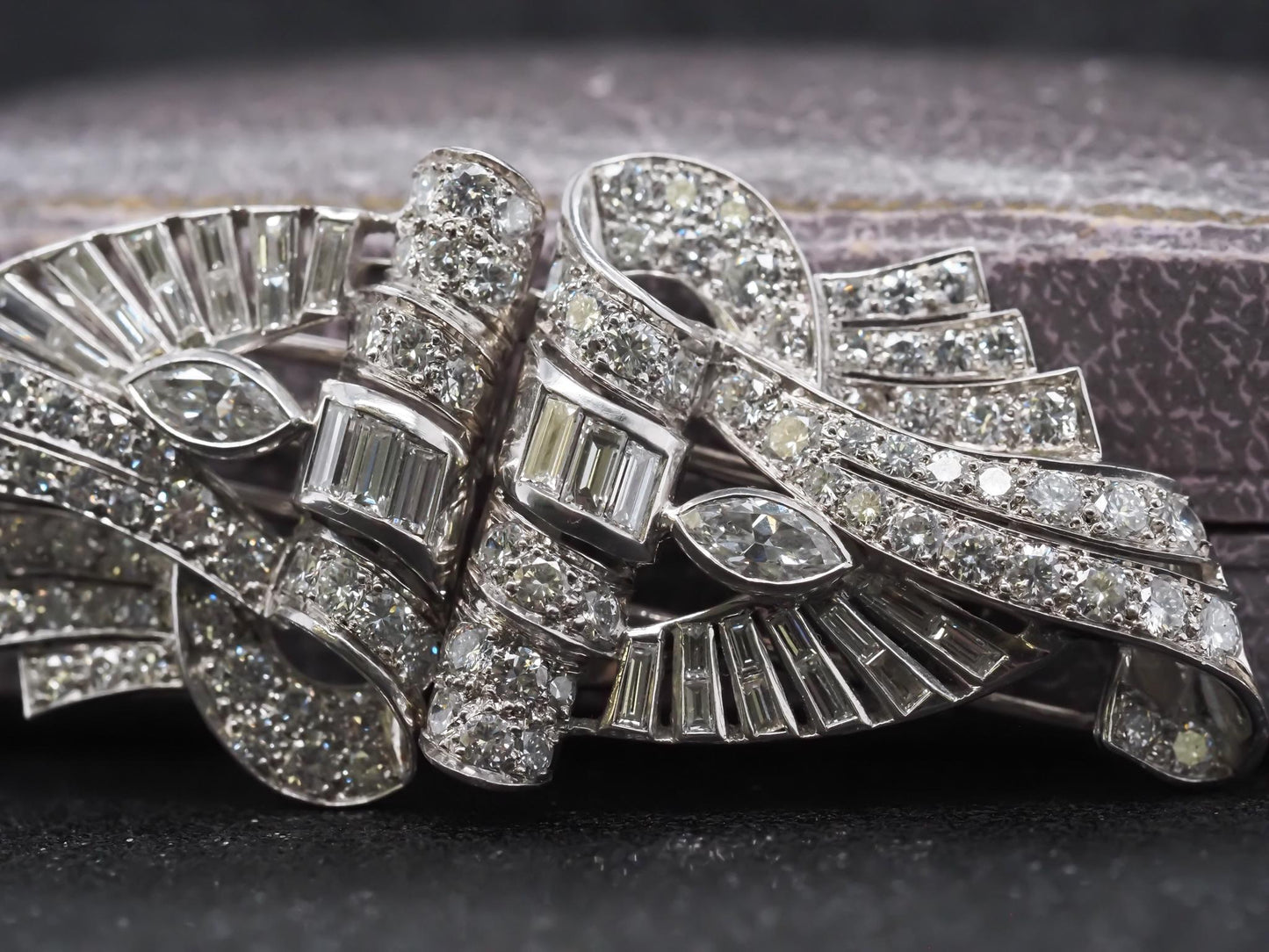 Estate Art Deco Platinum Diamond Double Clip Brooch - VHK#508b