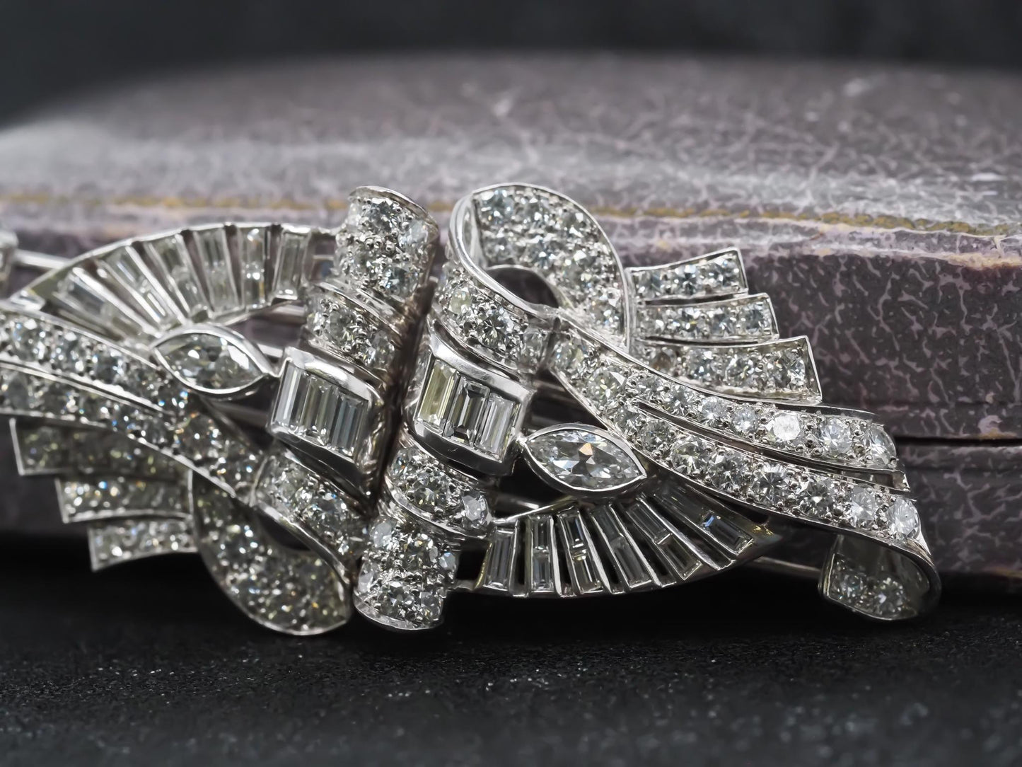 Estate Art Deco Platinum Diamond Double Clip Brooch - VHK#508b