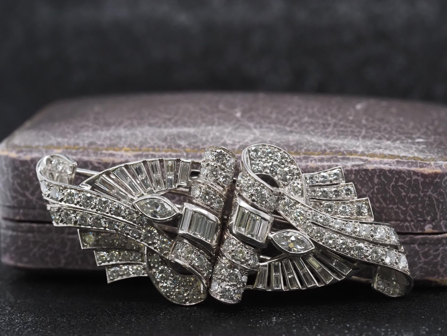 Estate Art Deco Platinum Diamond Double Clip Brooch - VHK#508b