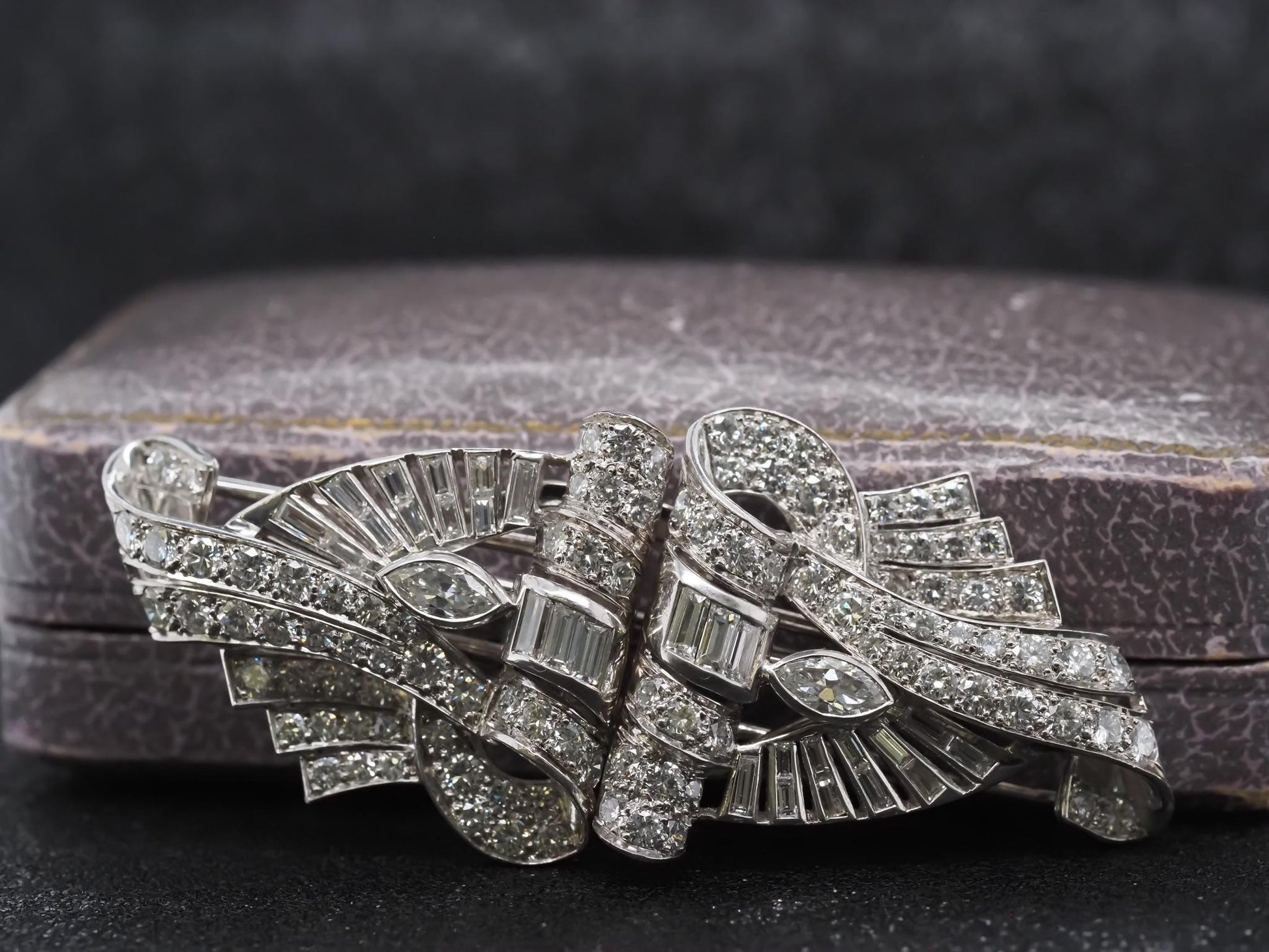 Estate Art Deco Platinum Diamond Double Clip Brooch - VHK#508b