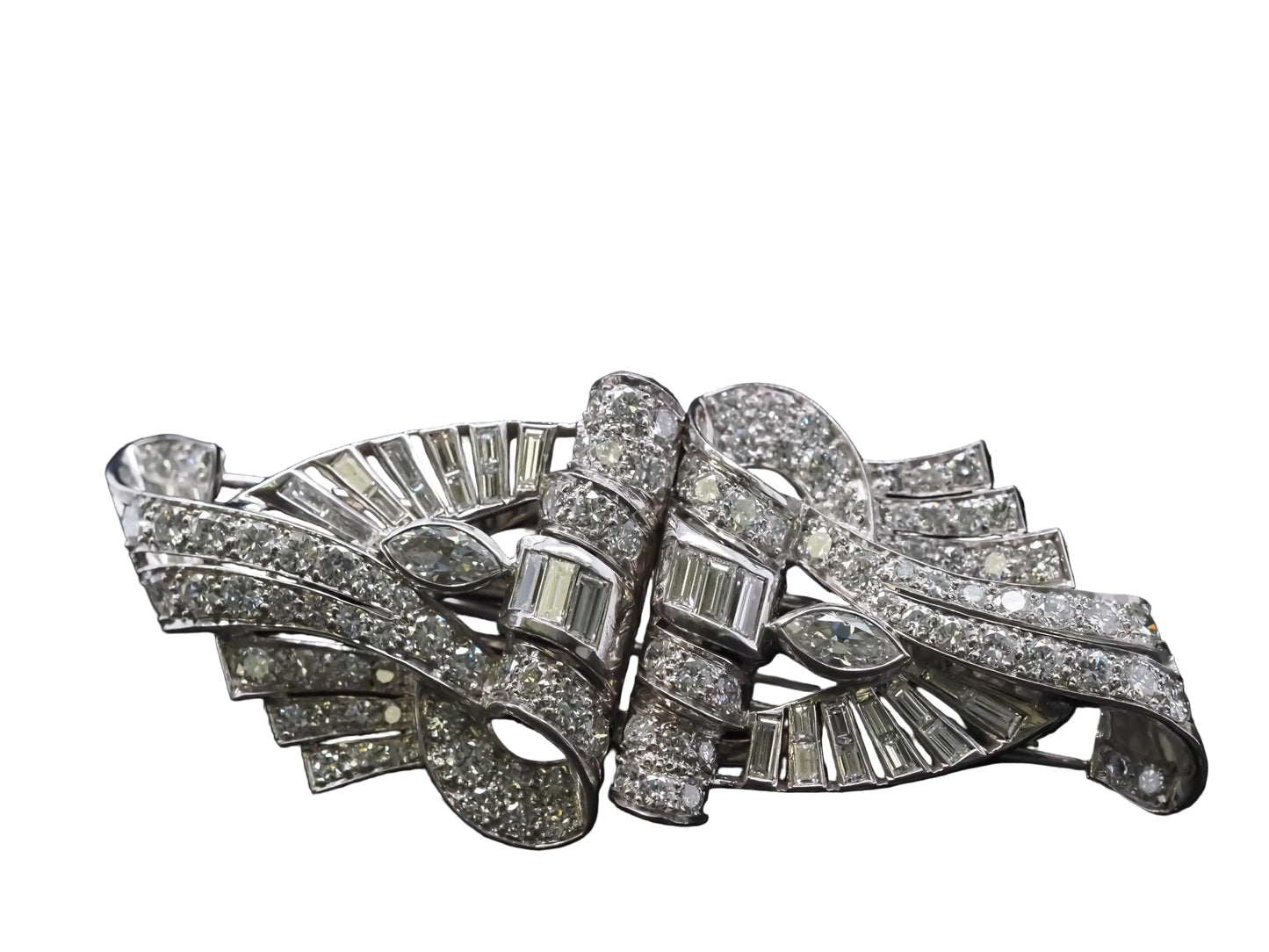 Estate Art Deco Platinum Diamond Double Clip Brooch - VHK#508b