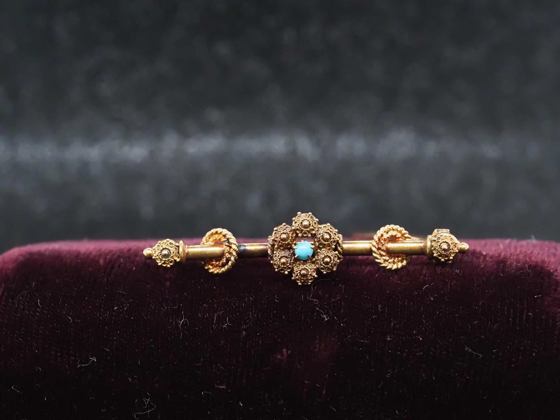 Circa 1900 14K Yellow Gold Ornate Design Turquoise Pin - VHK#109