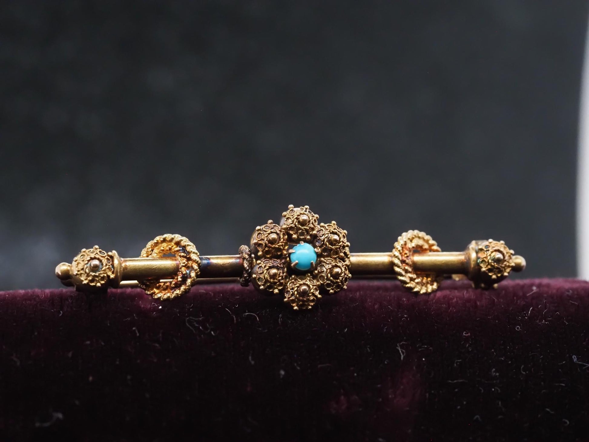 Circa 1900 14K Yellow Gold Ornate Design Turquoise Pin - VHK#109