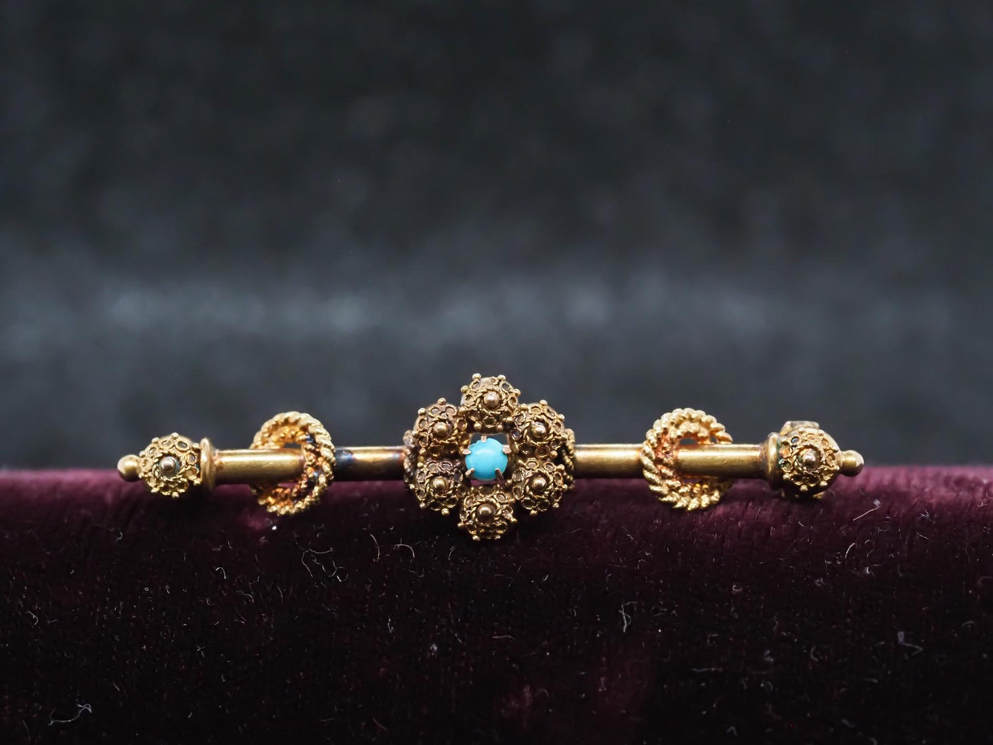 Circa 1900 14K Yellow Gold Ornate Design Turquoise Pin - VHK#109