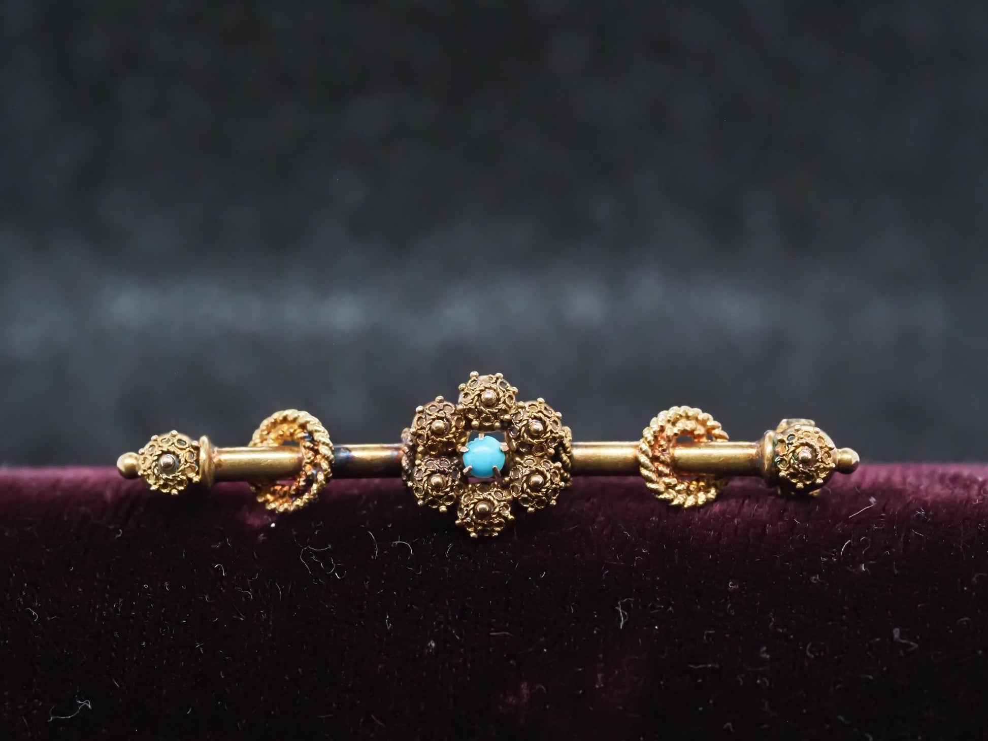 Circa 1900 14K Yellow Gold Ornate Design Turquoise Pin - VHK#109