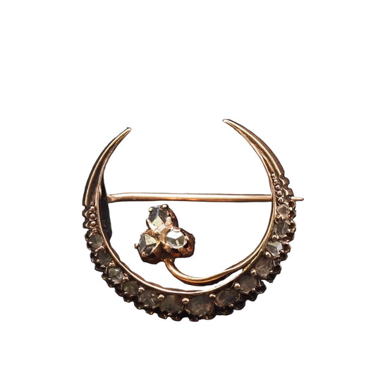 Victorian 18K Yellow Gold Rose Cut Diamond Crescent Moon Brooch - VHK#228a