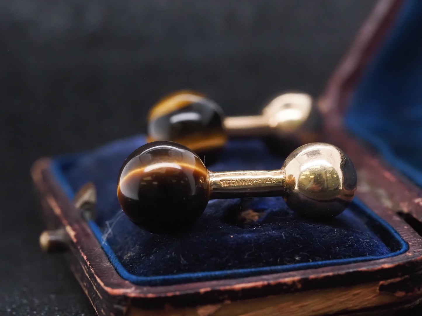 Estate 1970s Tiffany & Co. 14K Gold Tigers Eye Cufflinks - VHK#478a