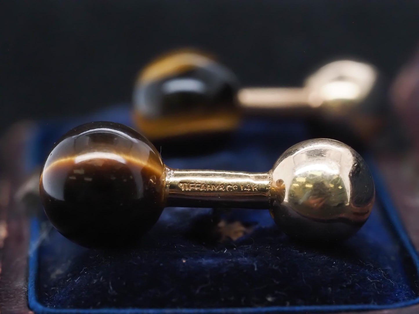 Estate 1970s Tiffany & Co. 14K Gold Tigers Eye Cufflinks - VHK#478a