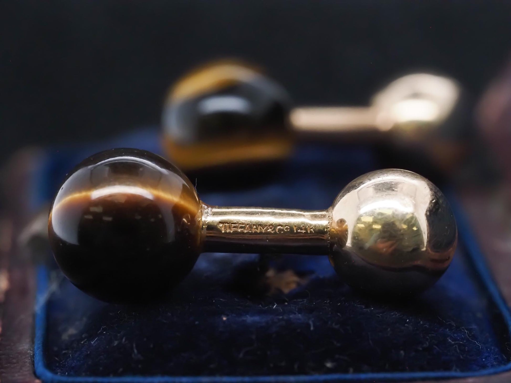 Estate 1970s Tiffany & Co. 14K Gold Tigers Eye Cufflinks - VHK#478a