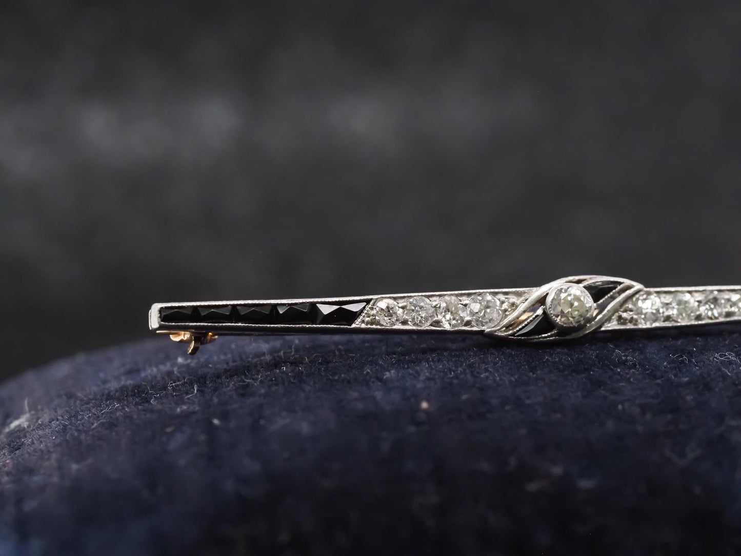 Estate Art Deco Platinum Onyx and Old Mine Diamond Brooch - VHK#540a