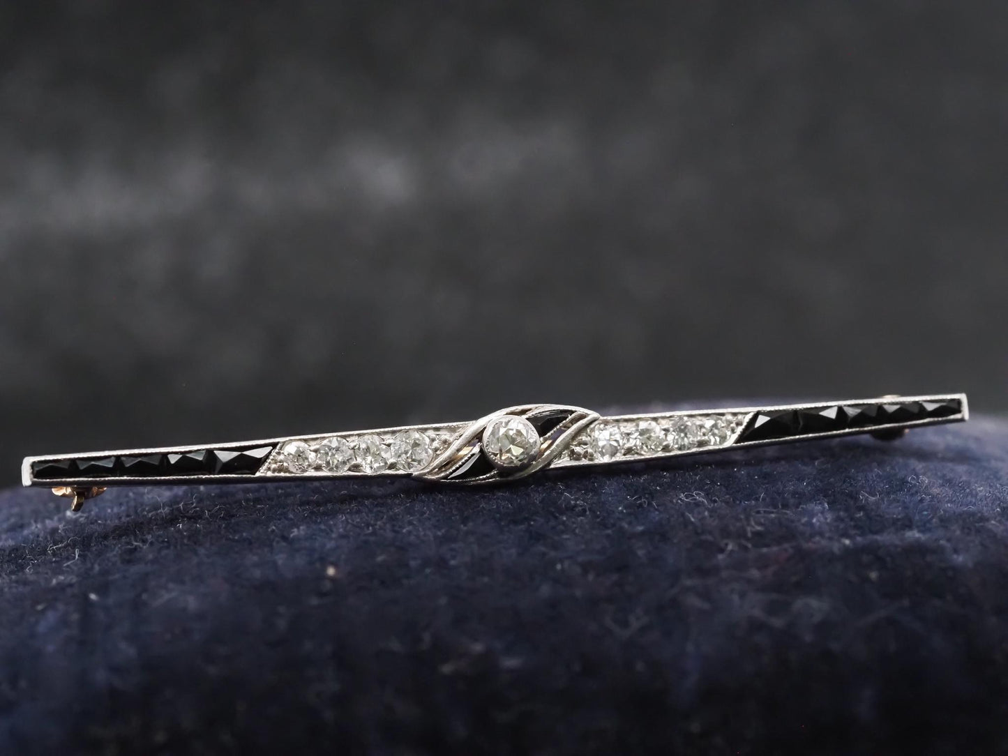 Estate Art Deco Platinum Onyx and Old Mine Diamond Brooch - VHK#540a