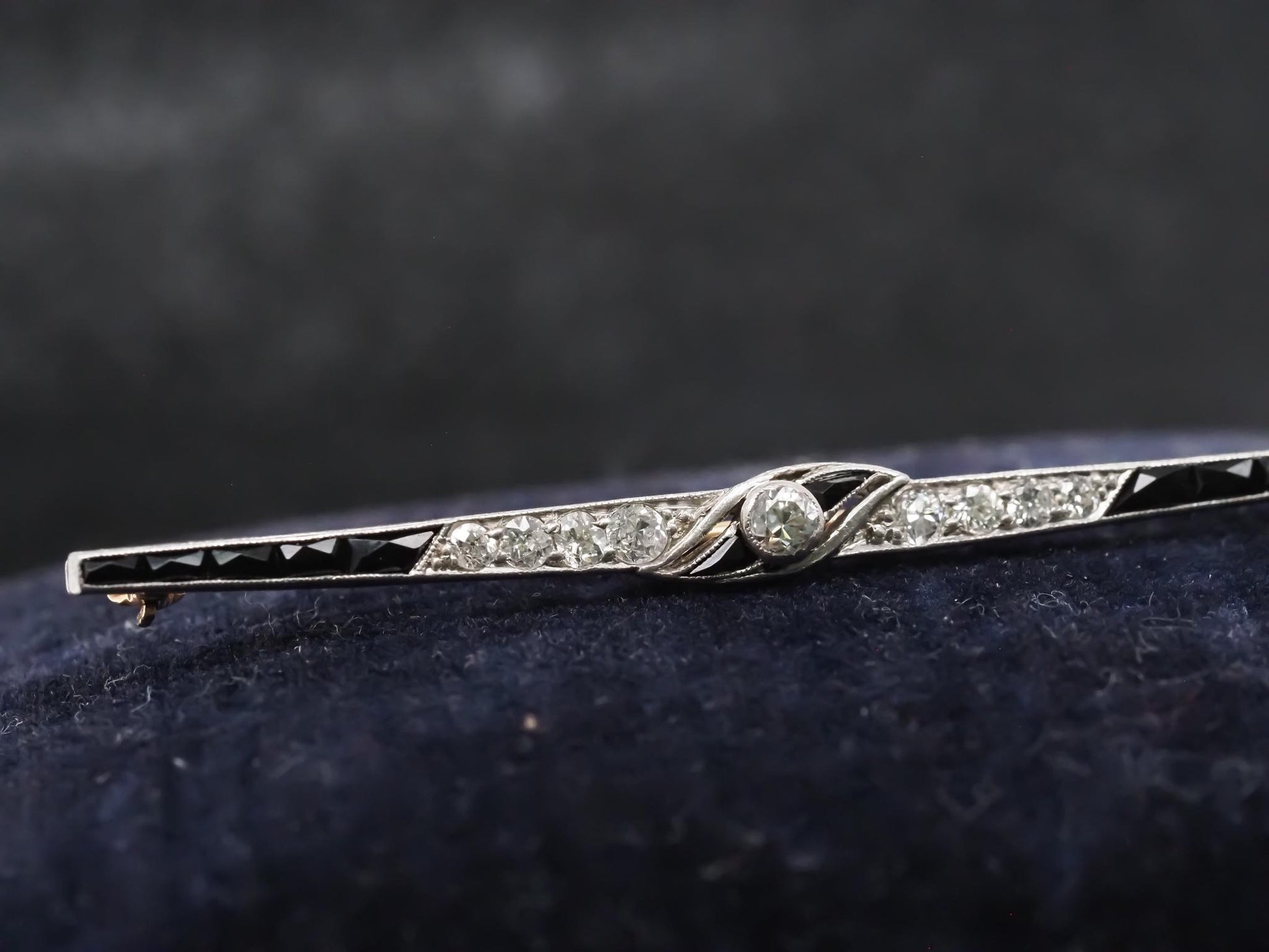 Estate Art Deco Platinum Onyx and Old Mine Diamond Brooch - VHK#540a