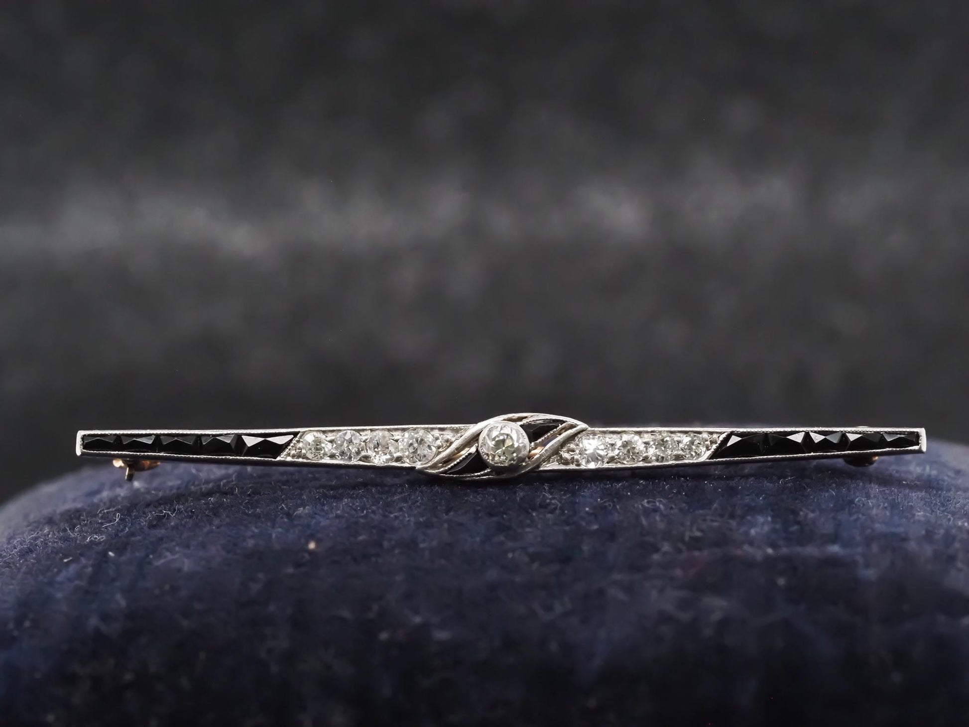 Estate Art Deco Platinum Onyx and Old Mine Diamond Brooch - VHK#540a