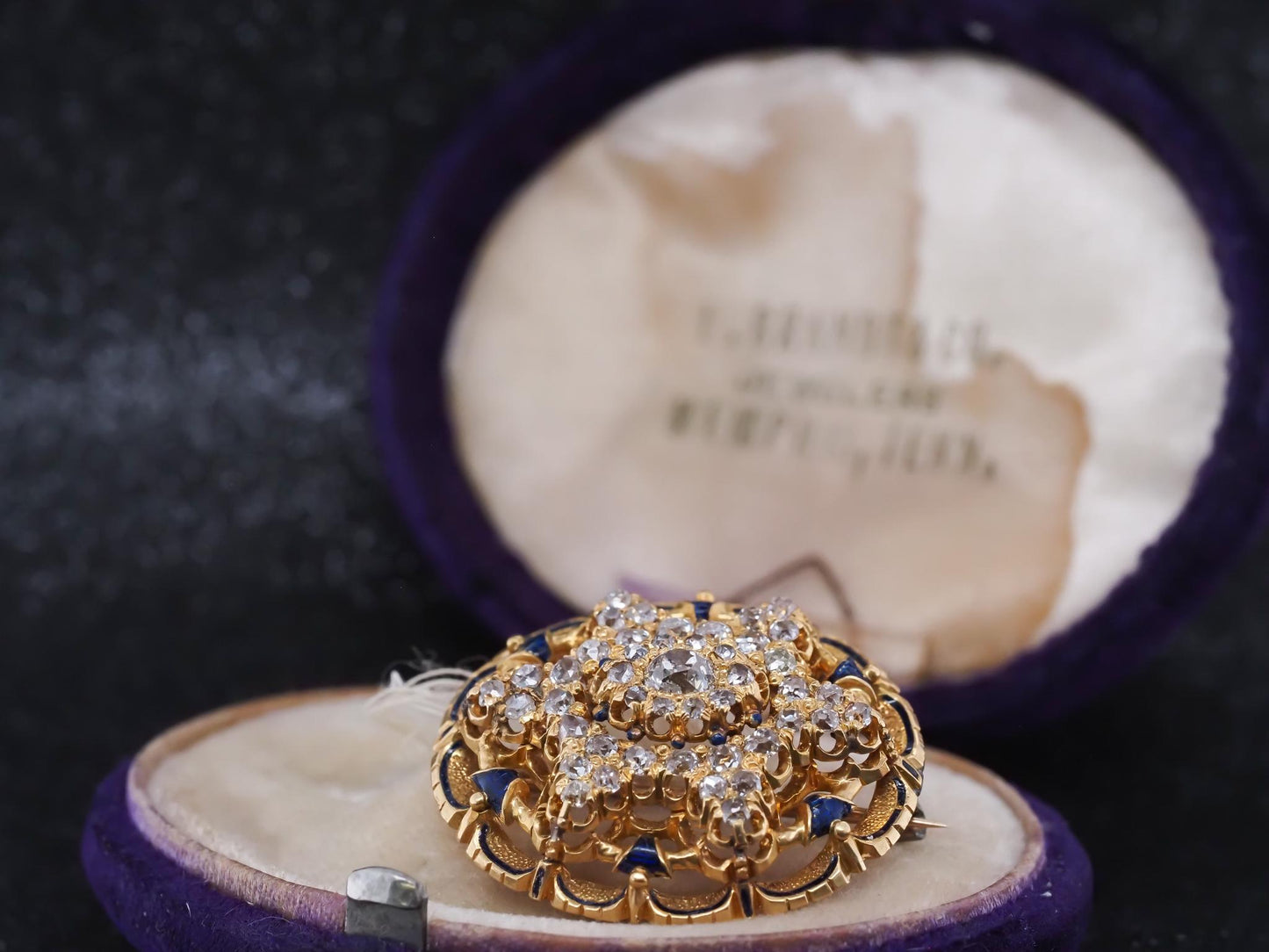 Estate Victorian Circa 1867 Engraved Old Mine Diamond and Enamel Brooch with Box