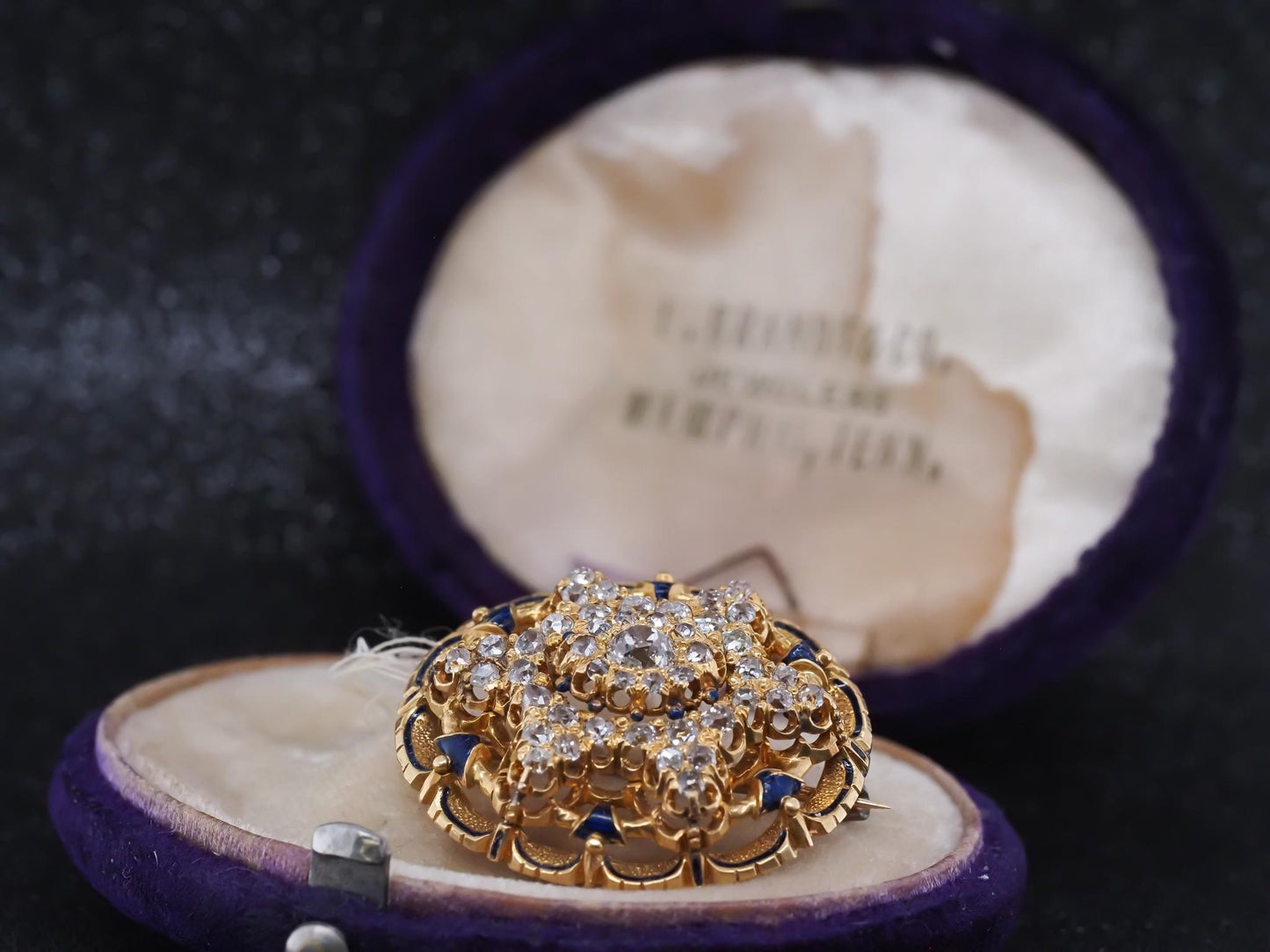 Estate Victorian Circa 1867 Engraved Old Mine Diamond and Enamel Brooch with Box