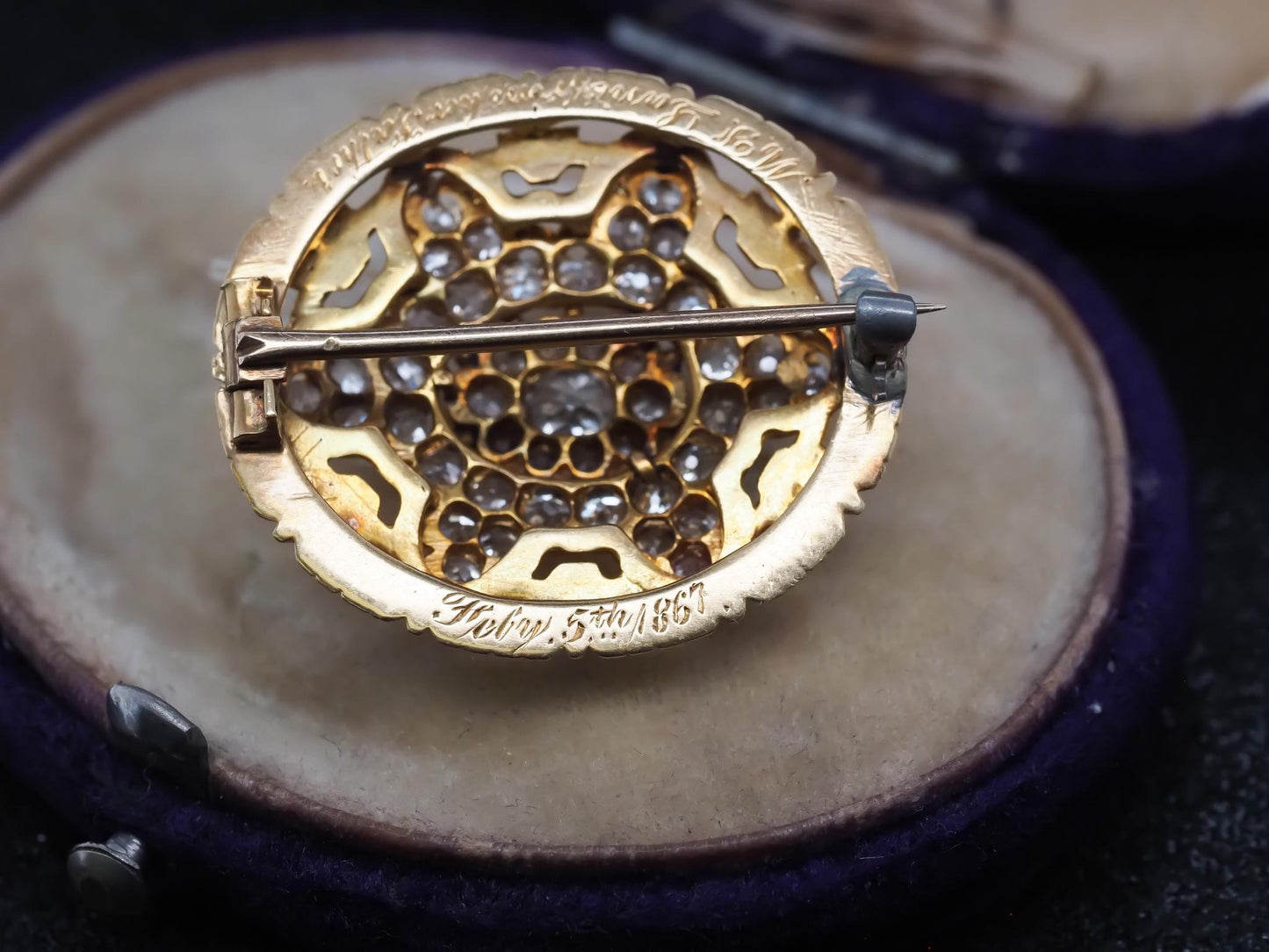 Estate Victorian Circa 1867 Engraved Old Mine Diamond and Enamel Brooch with Box