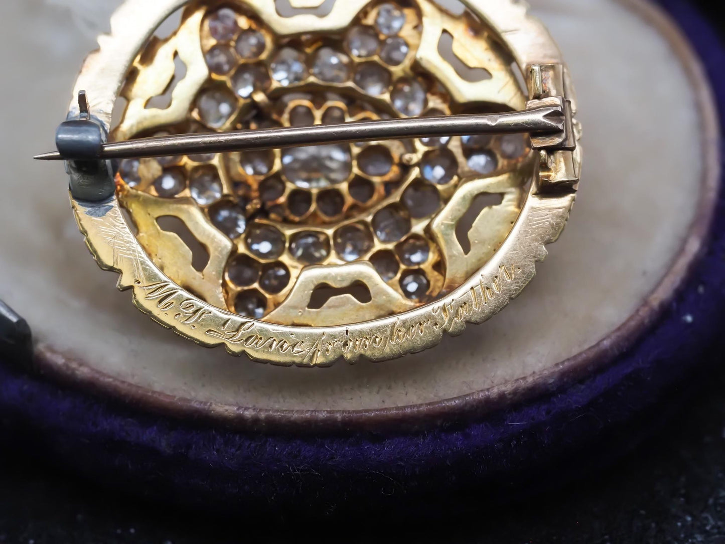 Estate Victorian Circa 1867 Engraved Old Mine Diamond and Enamel Brooch with Box