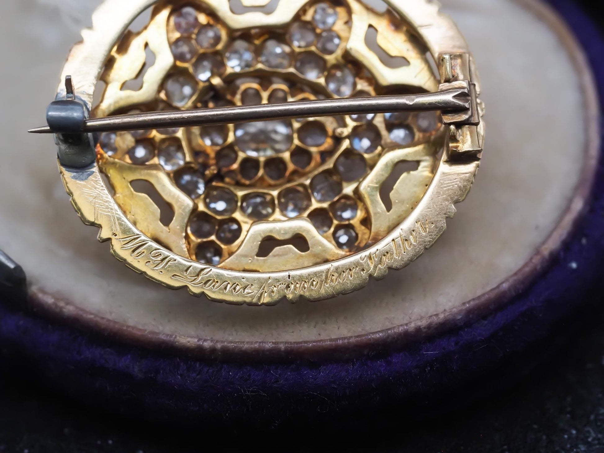 Estate Victorian Circa 1867 Engraved Old Mine Diamond and Enamel Brooch with Box