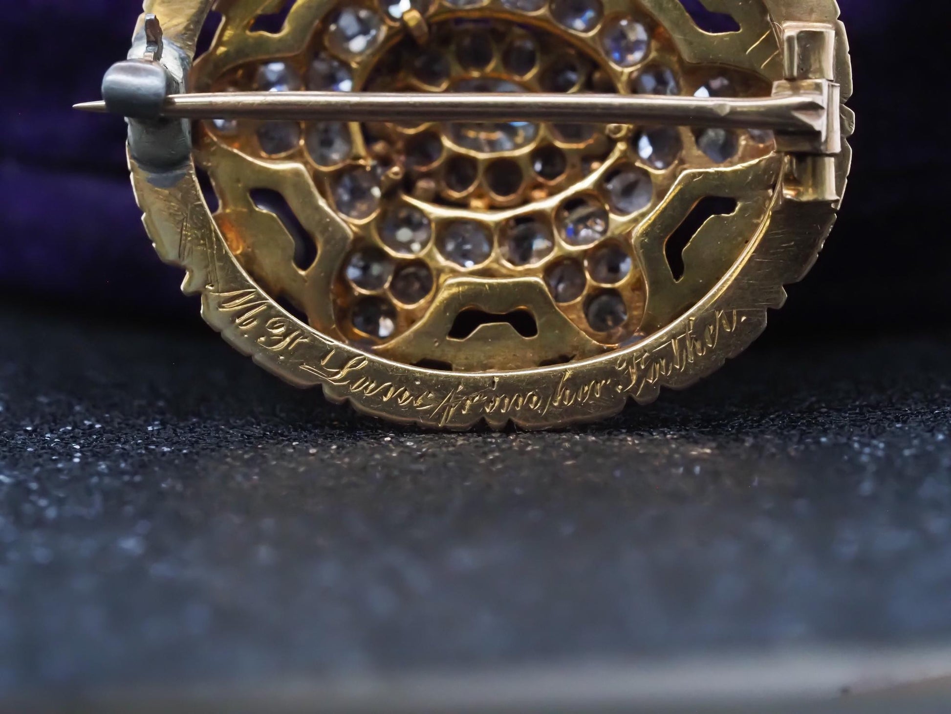 Estate Victorian Circa 1867 Engraved Old Mine Diamond and Enamel Brooch with Box