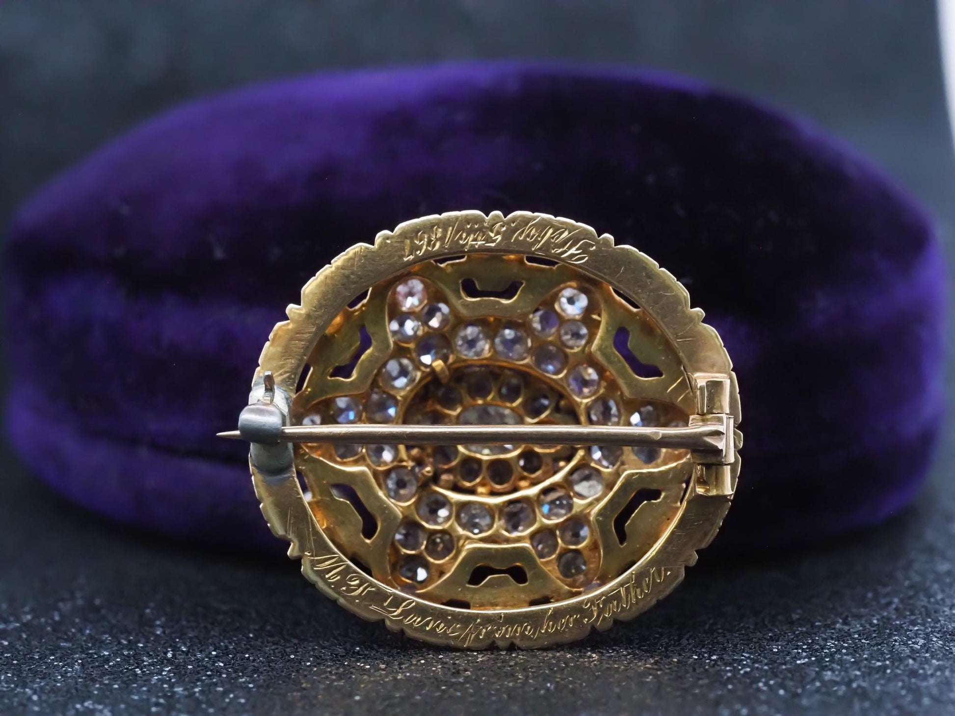 Estate Victorian Circa 1867 Engraved Old Mine Diamond and Enamel Brooch with Box