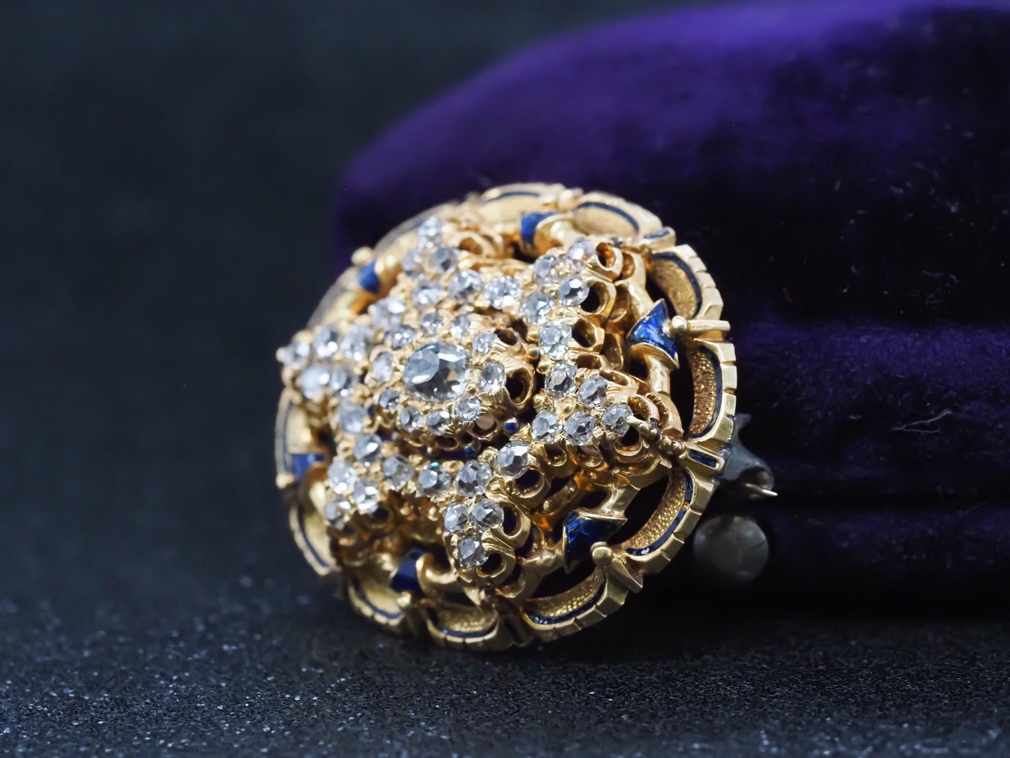 Estate Victorian Circa 1867 Engraved Old Mine Diamond and Enamel Brooch with Box