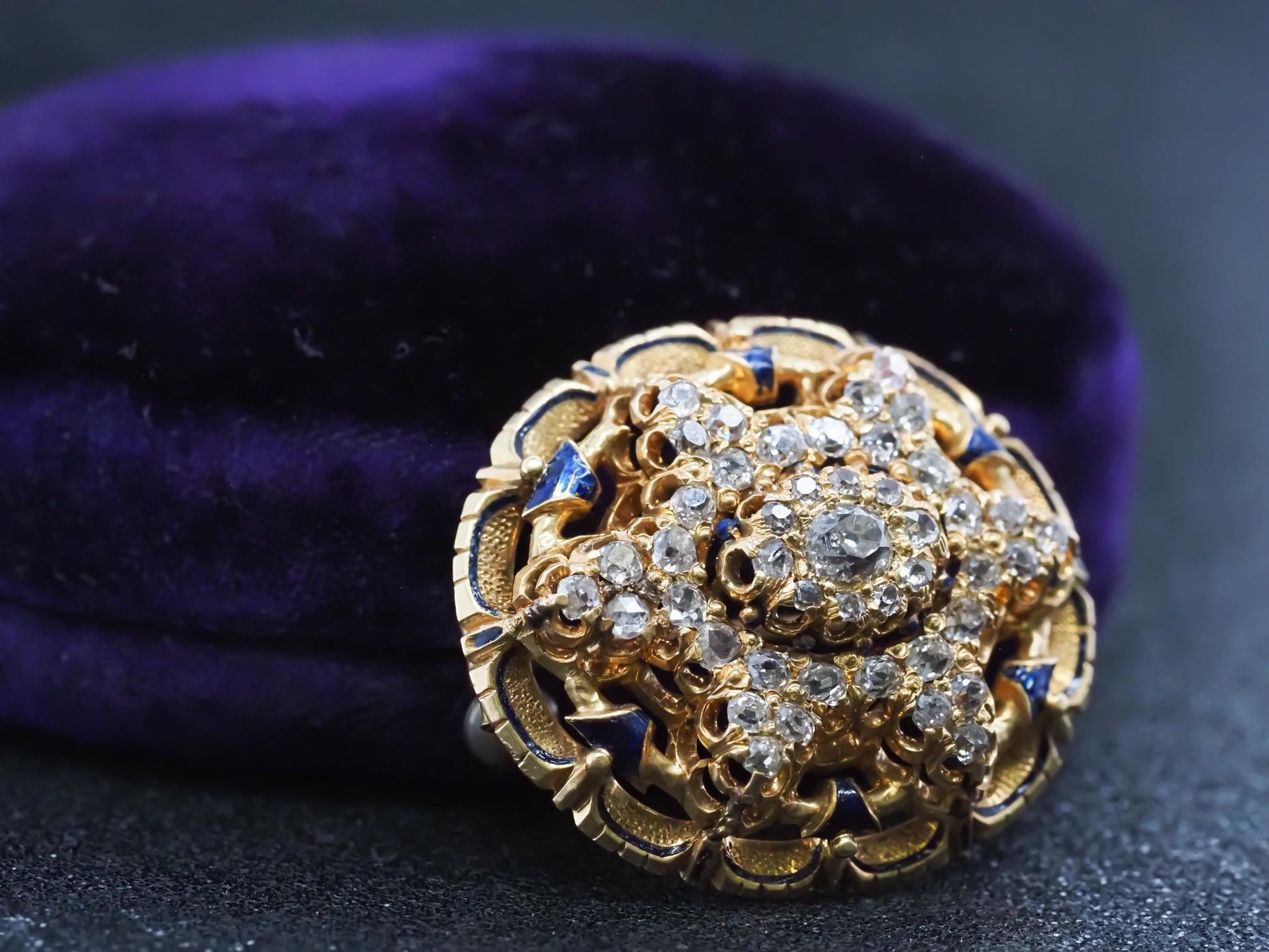 Estate Victorian Circa 1867 Engraved Old Mine Diamond and Enamel Brooch with Box