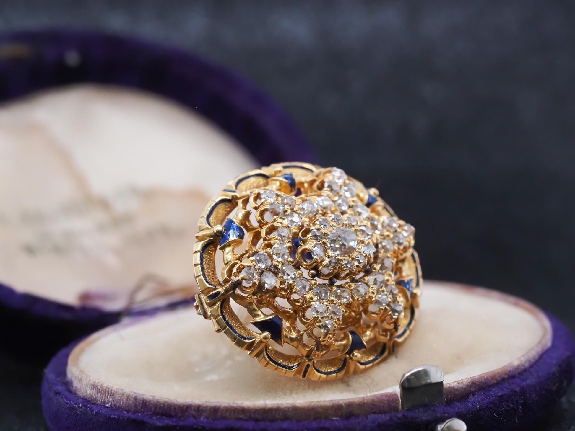 Estate Victorian Circa 1867 Engraved Old Mine Diamond and Enamel Brooch with Box