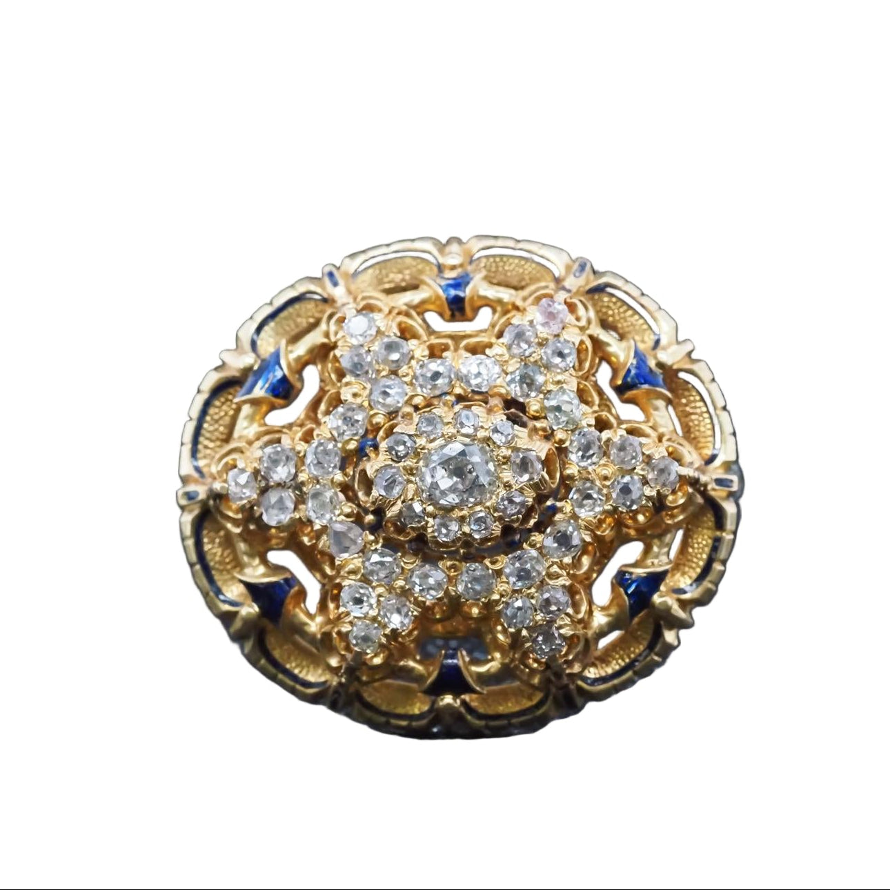 Estate Victorian Circa 1867 Engraved Old Mine Diamond and Enamel Brooch with Box