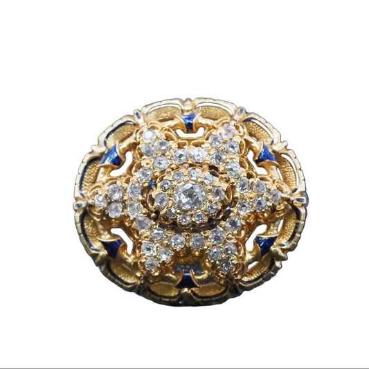 Estate Victorian Circa 1867 Engraved Old Mine Diamond and Enamel Brooch with Box