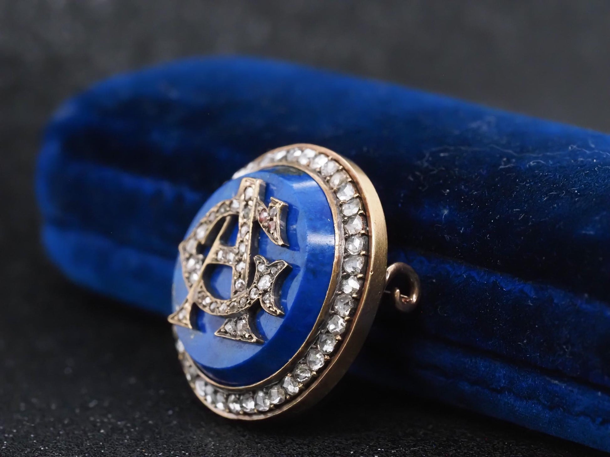 Estate Victorian 18K Gold Rose Cut Diamond A & G initials on Lapis Brooch -