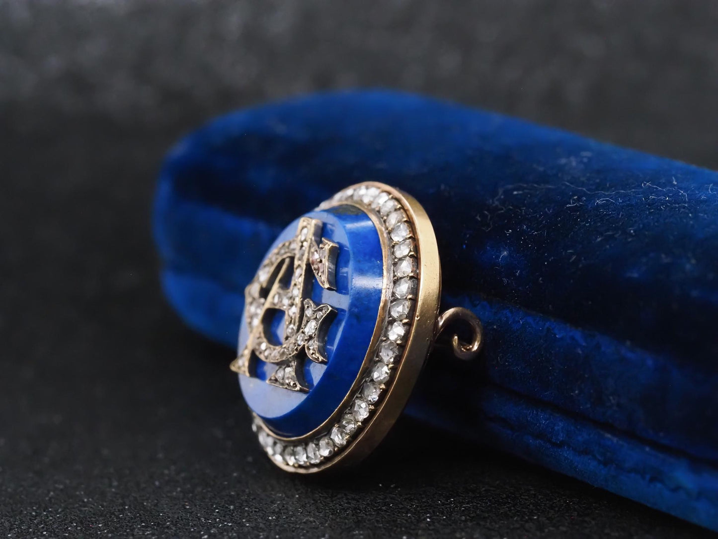 Estate Victorian 18K Gold Rose Cut Diamond A & G initials on Lapis Brooch -