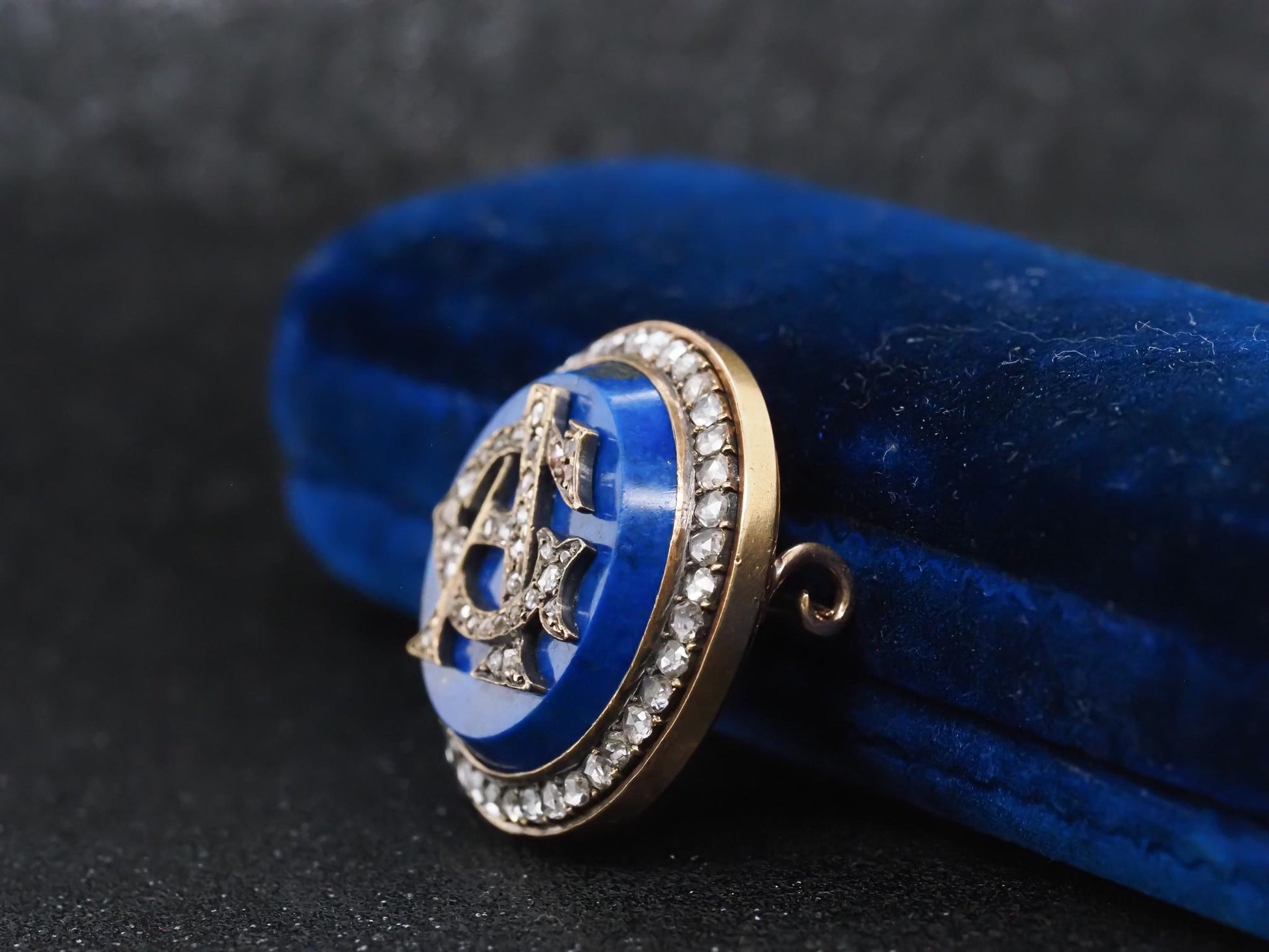 Estate Victorian 18K Gold Rose Cut Diamond A & G initials on Lapis Brooch -