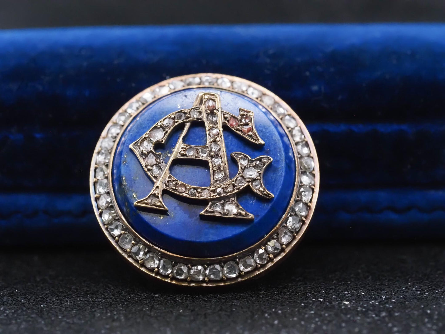 Estate Victorian 18K Gold Rose Cut Diamond A & G initials on Lapis Brooch -
