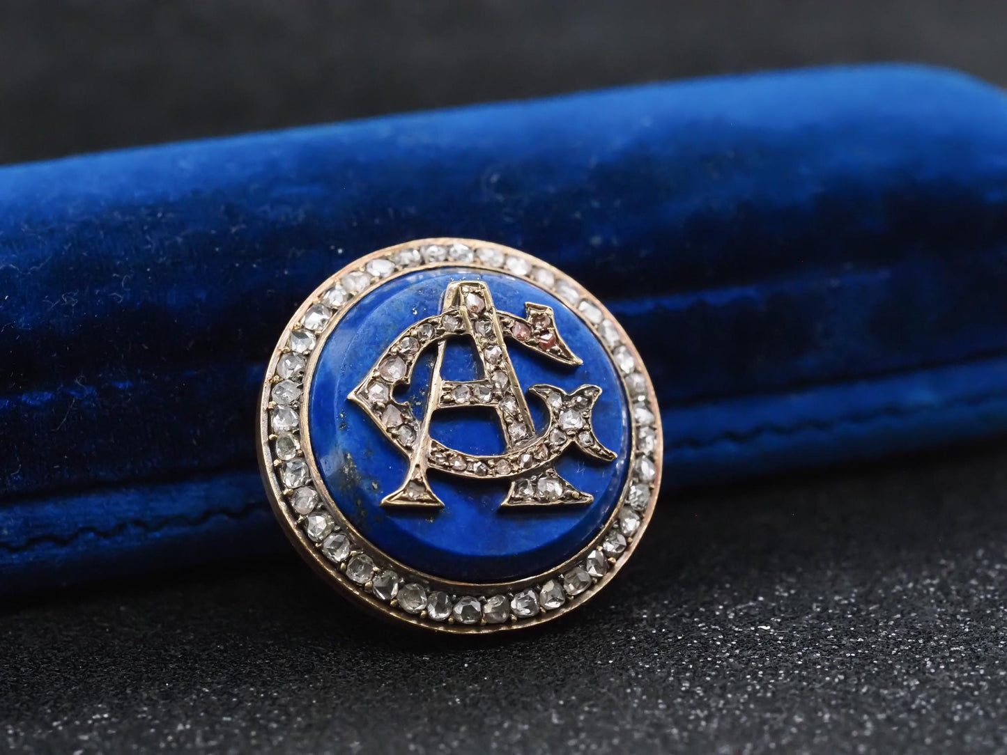 Estate Victorian 18K Gold Rose Cut Diamond A & G initials on Lapis Brooch -
