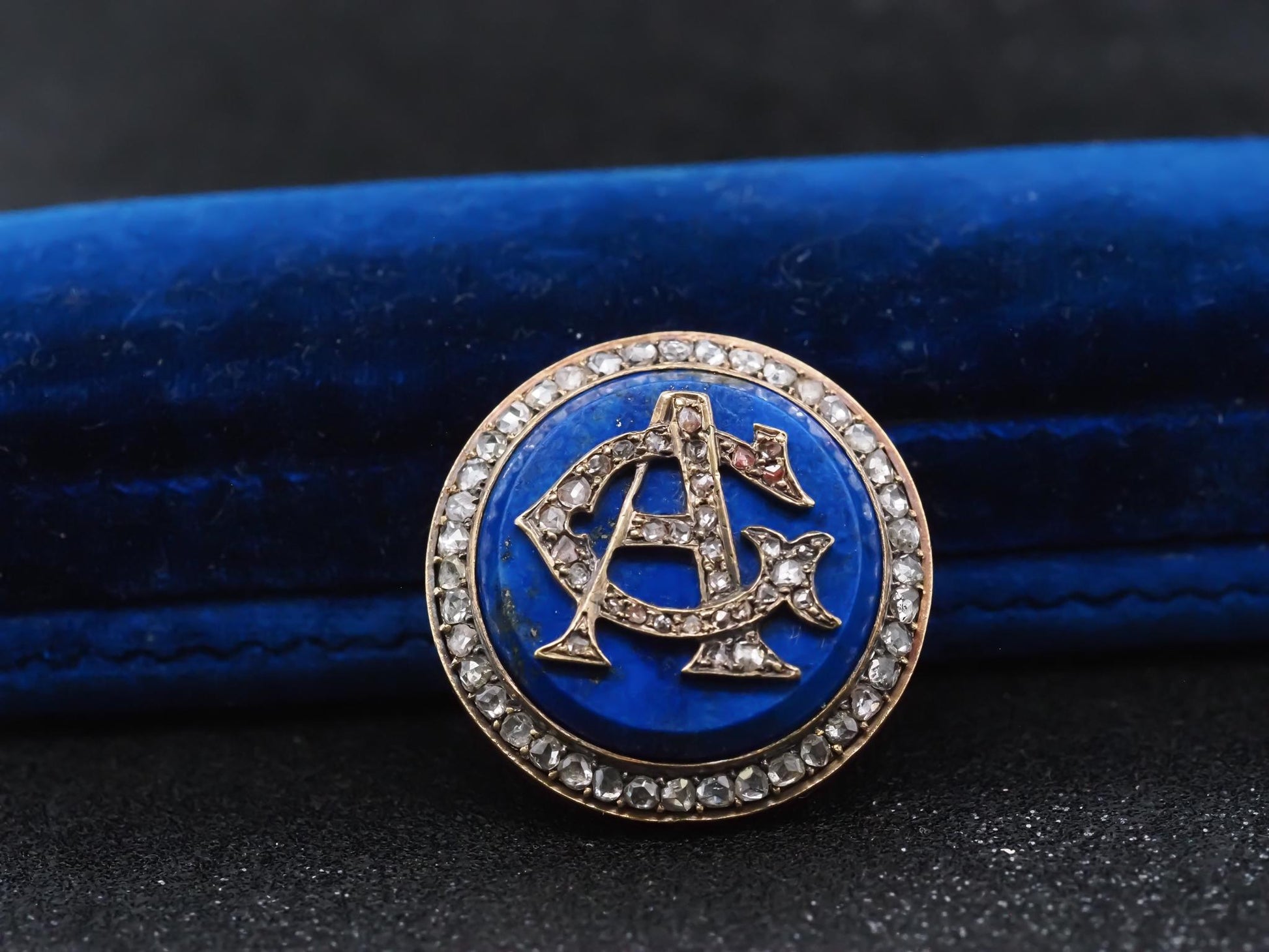 Estate Victorian 18K Gold Rose Cut Diamond A & G initials on Lapis Brooch -