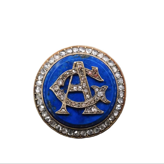 Estate Victorian 18K Gold Rose Cut Diamond A & G initials on Lapis Brooch -