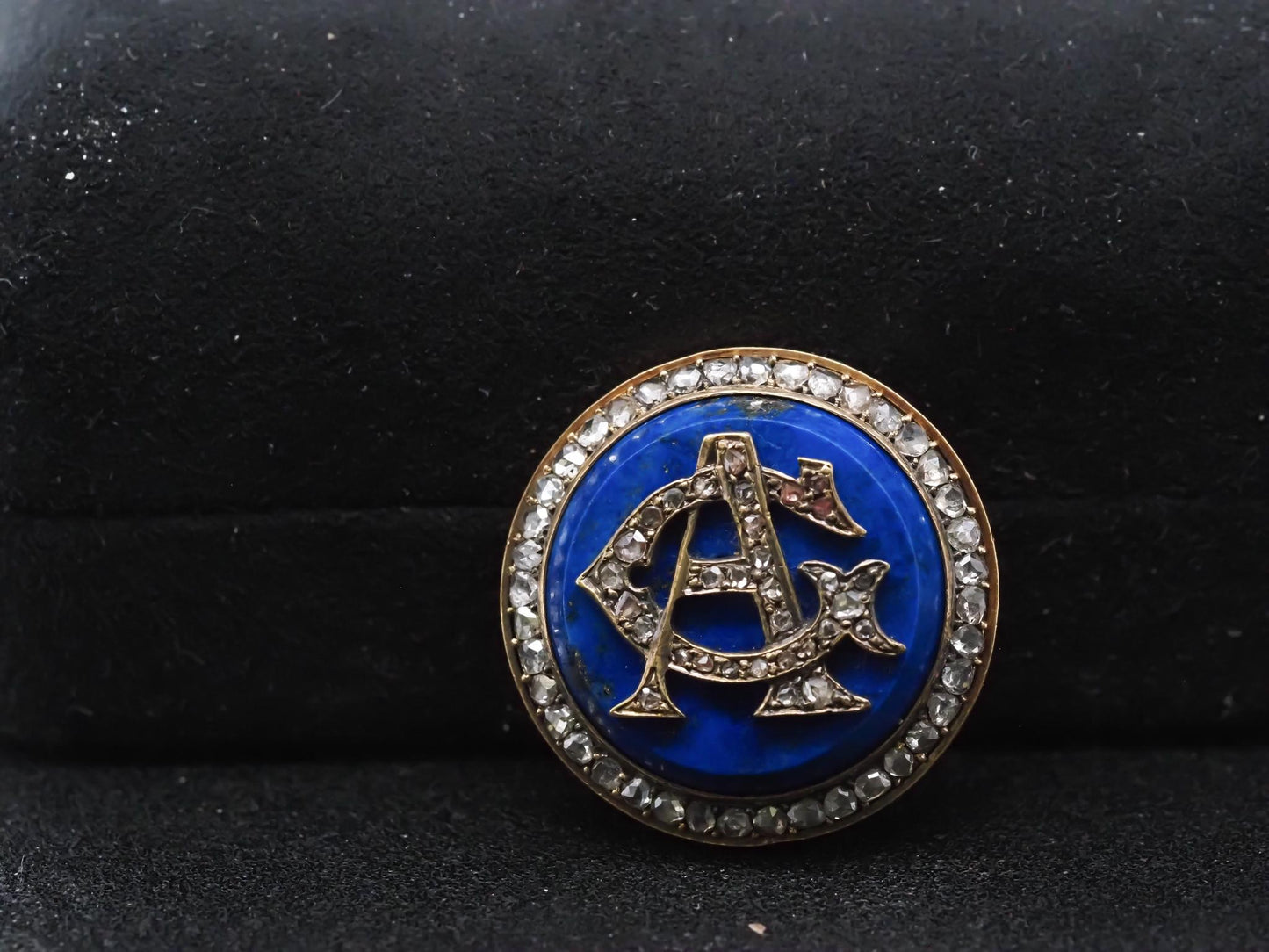 Estate Victorian 18K Gold Rose Cut Diamond A & G initials on Lapis Brooch -