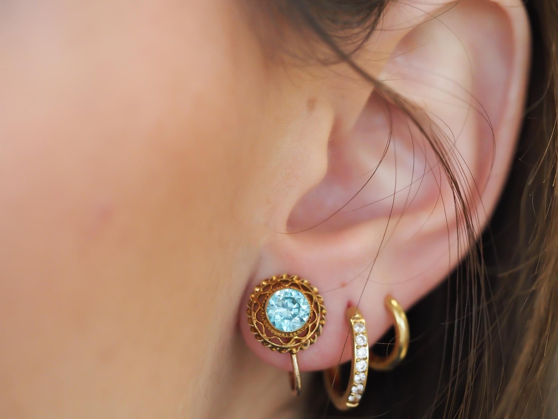 Estate Edwardian 14K Yellow Gold Blue Zircon Earrings - VHK#635a