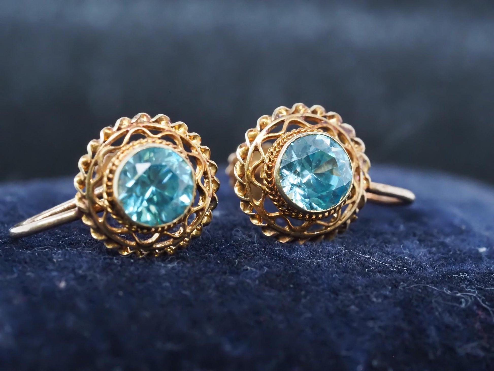 Estate Edwardian 14K Yellow Gold Blue Zircon Earrings - VHK#635a
