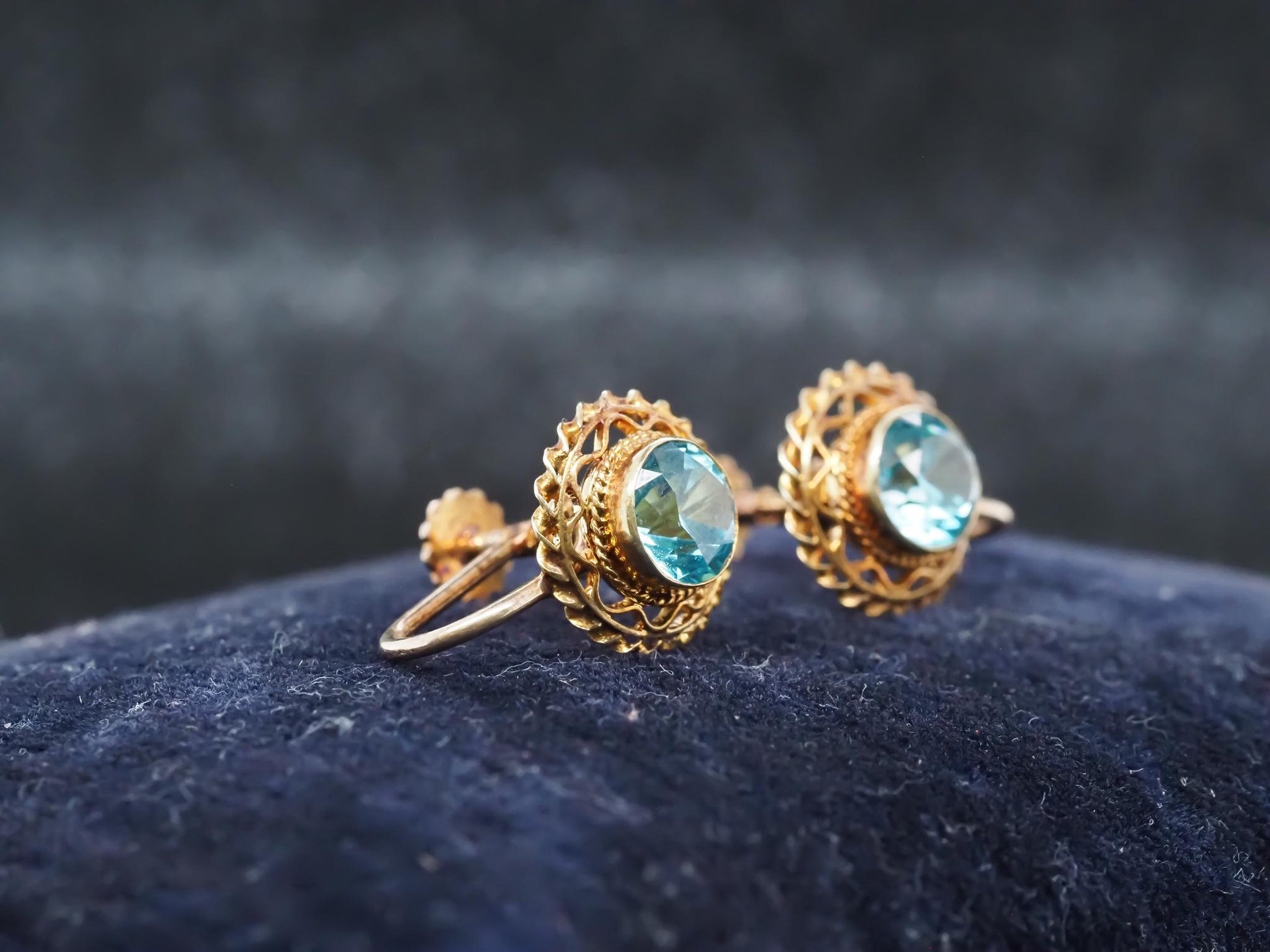 Estate Edwardian 14K Yellow Gold Blue Zircon Earrings - VHK#635a