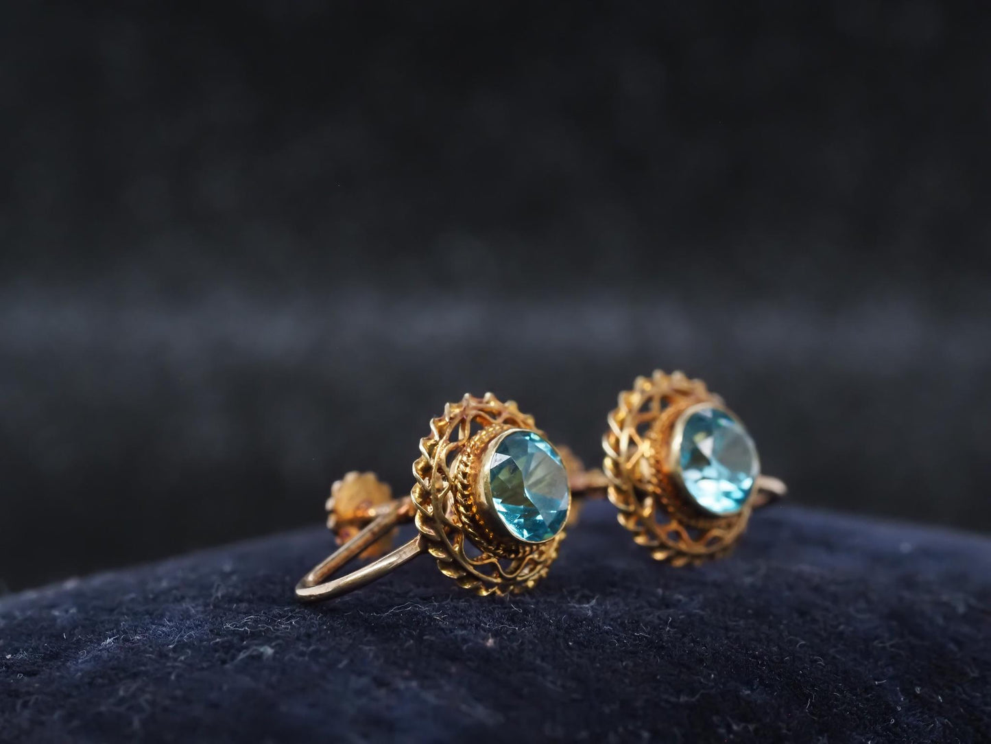 Estate Edwardian 14K Yellow Gold Blue Zircon Earrings - VHK#635a