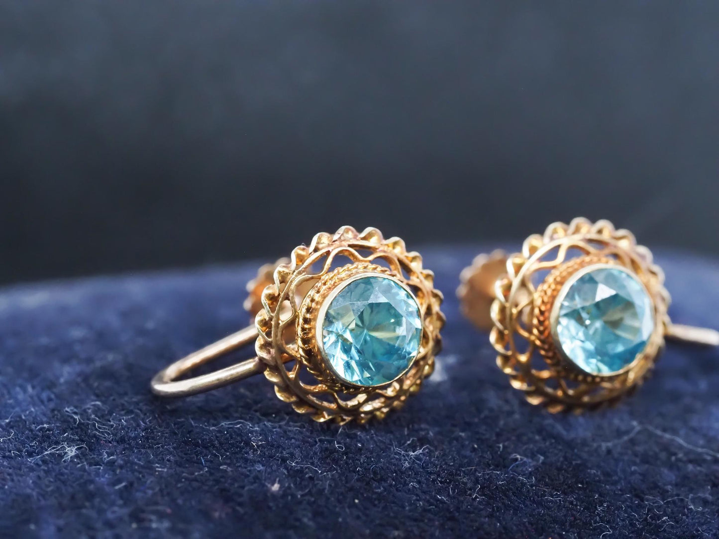 Estate Edwardian 14K Yellow Gold Blue Zircon Earrings - VHK#635a