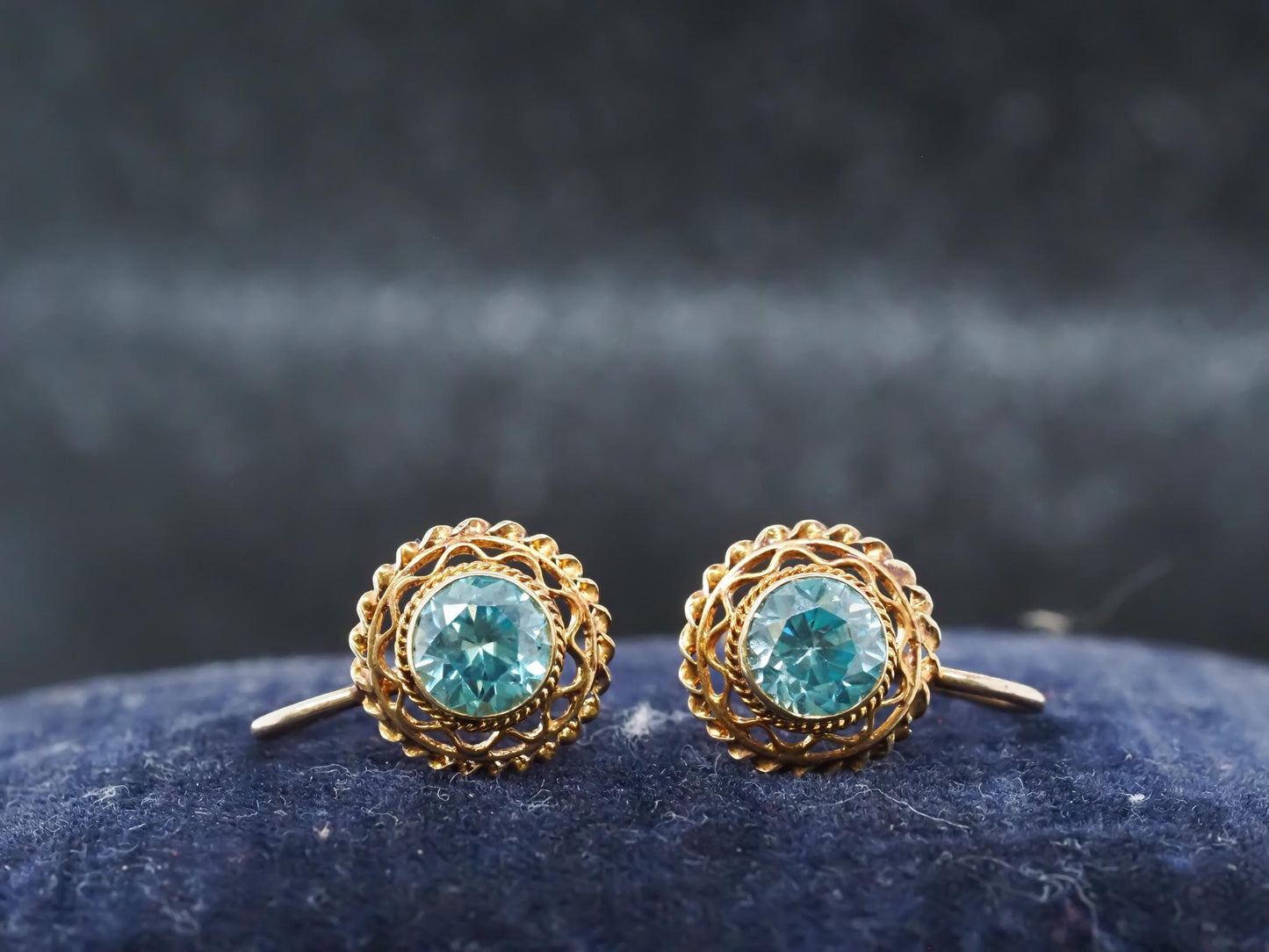 Estate Edwardian 14K Yellow Gold Blue Zircon Earrings - VHK#635a