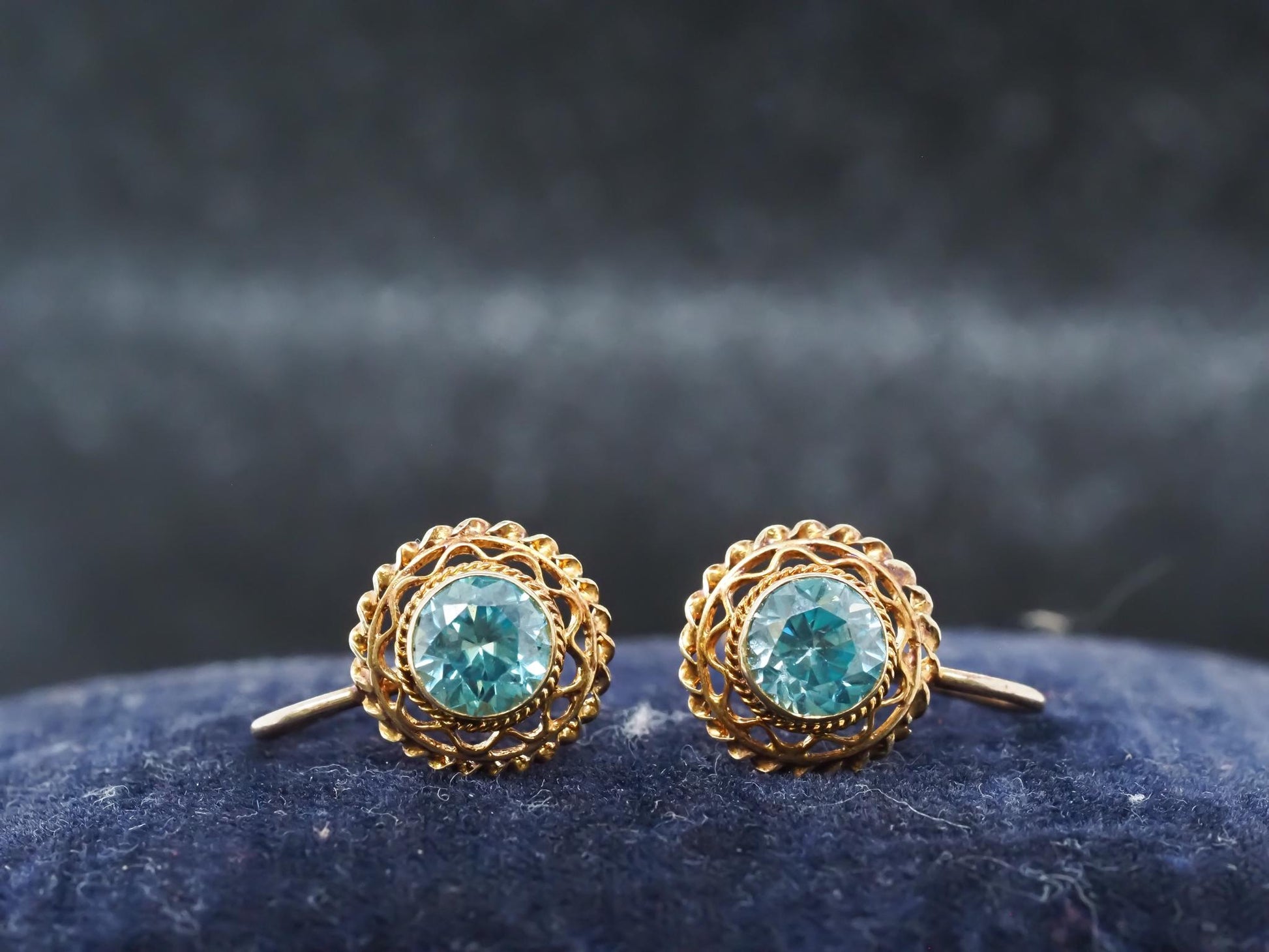 Estate Edwardian 14K Yellow Gold Blue Zircon Earrings - VHK#635a