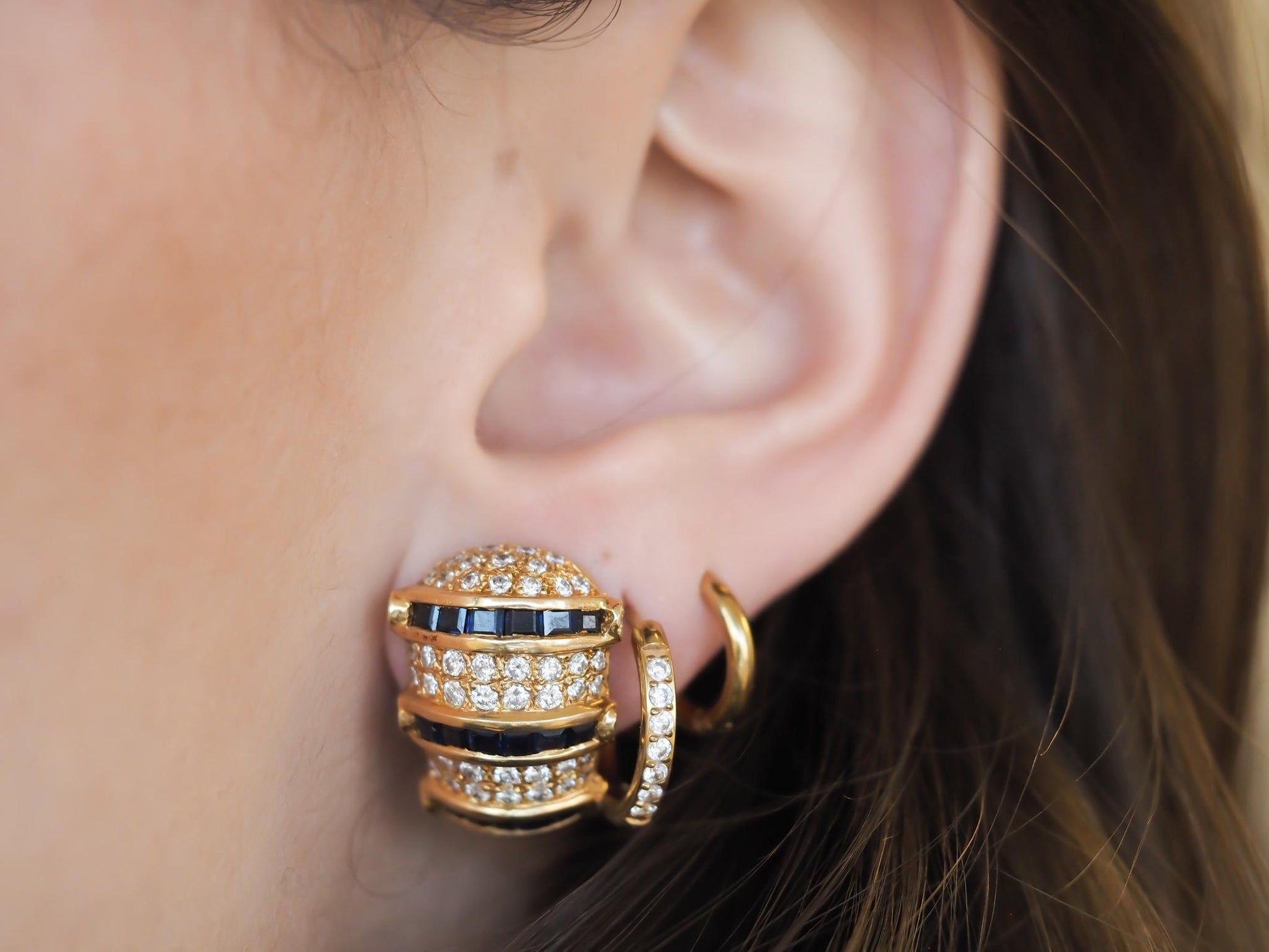 Estate 18K Yellow Gold Sapphire and Diamond Earrings - VHK#671