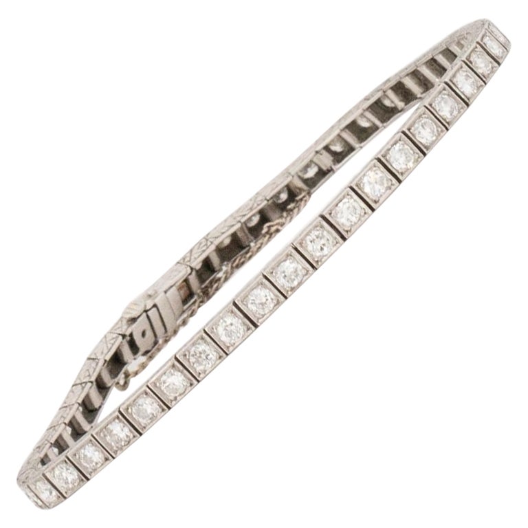 Platinum Art Deco Old European Cut Diamond Hand Engraved Tennis Bracelet