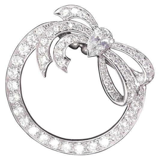 Platinum 1940s GIA Pear Shape & Round Diamond Ribbon Brooch