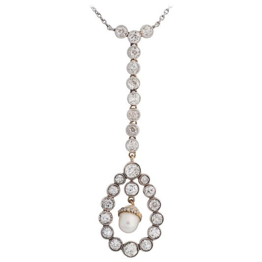 Art Deco Gold, Diamond, Pearl Drop Necklace