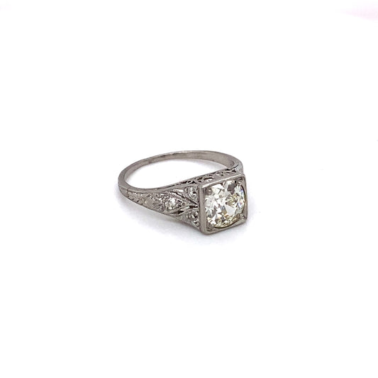 1920s Platinum 1.30 Carat Old European Cut Diamond Engagement Ring